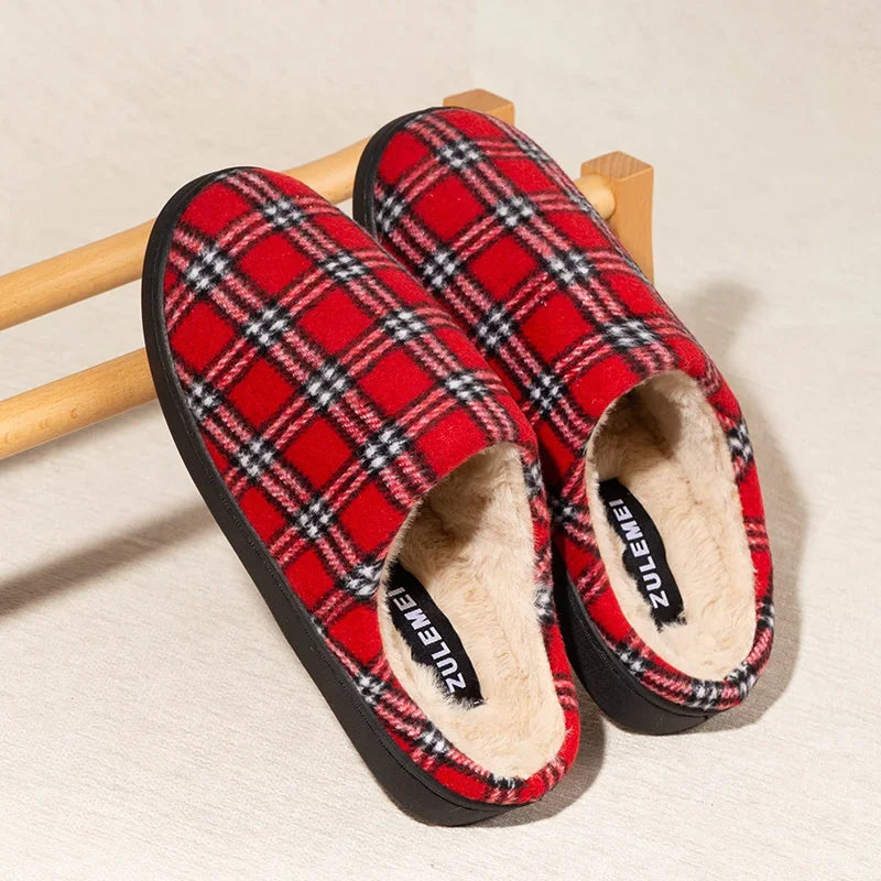 Men's Striped Plaid Fleece Slippers | Warm Cozy House Shoes