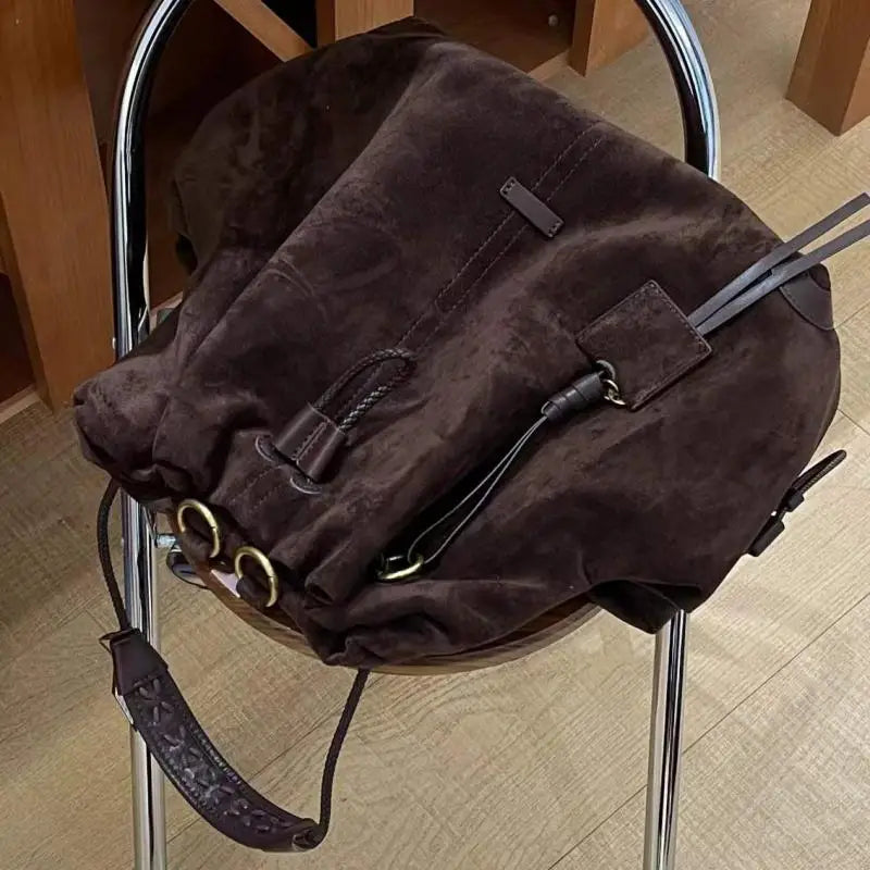 Trendy Retro Frosted Suede Bucket Backpack | Stylish Large Capacity Bag