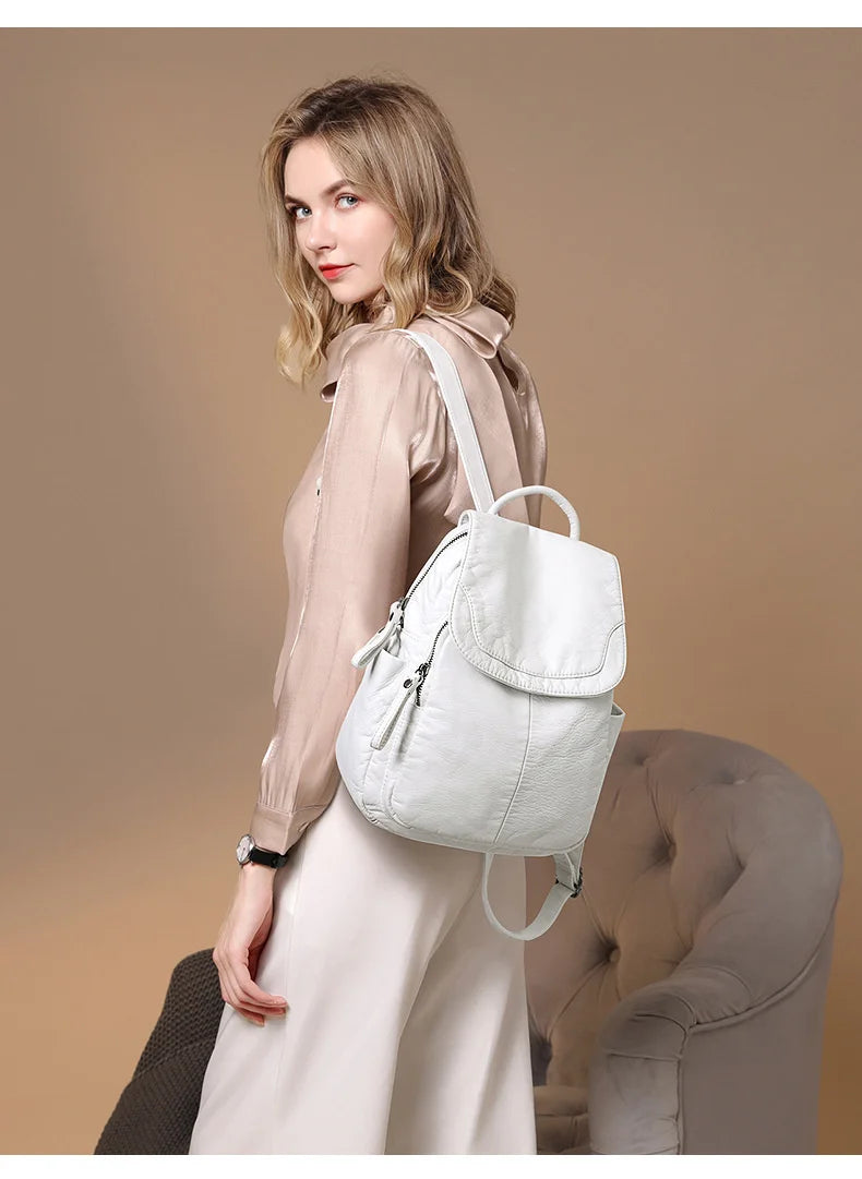 Stylish Women's White Washed Leather Backpack for Casual Travel