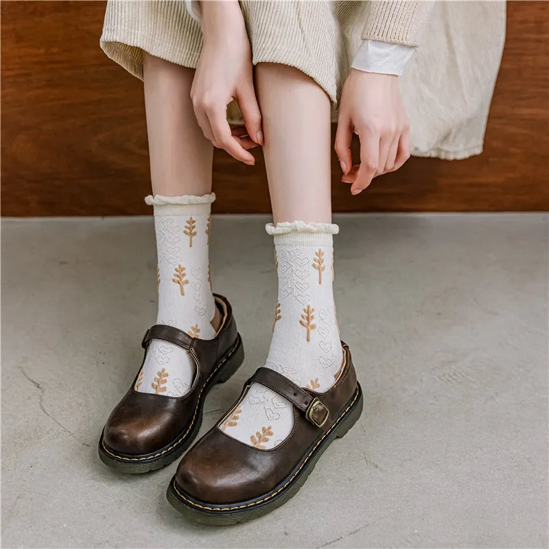 Cute Women's Floral Embroidered Crew Socks | Vintage-Inspired Style