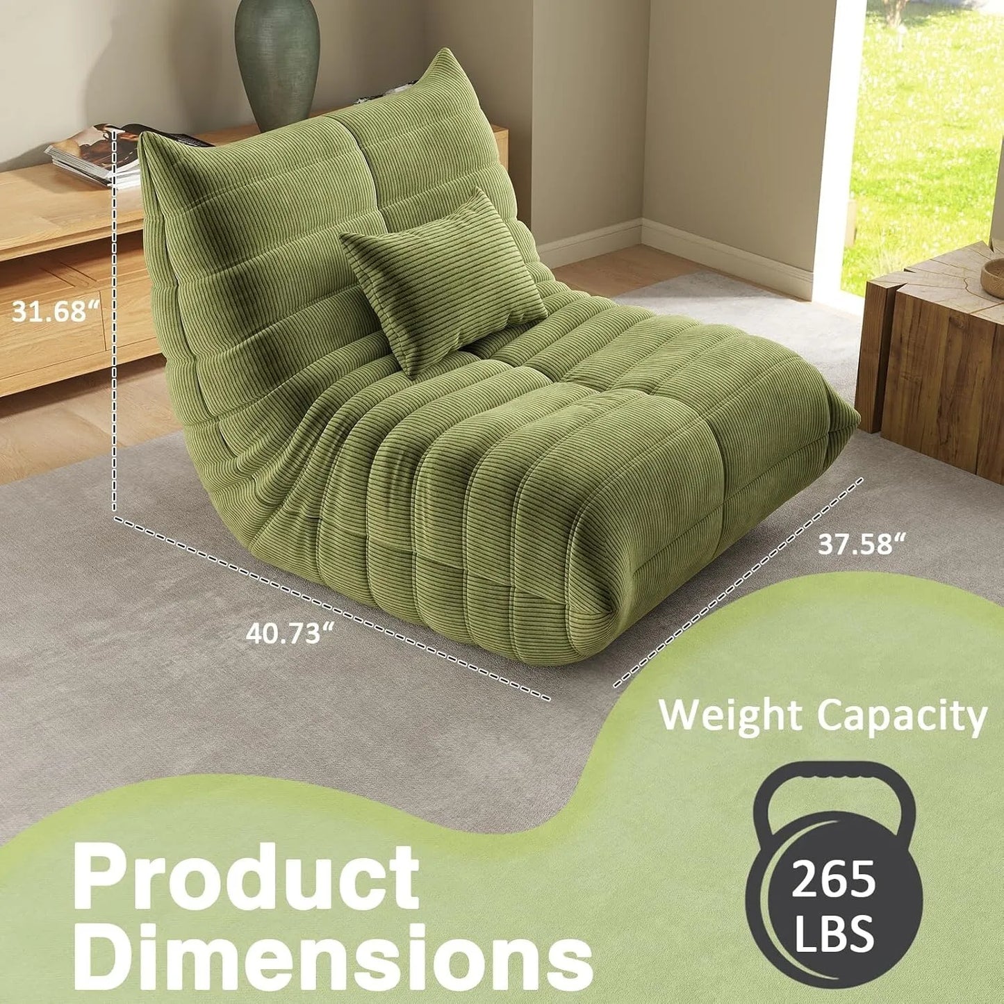 Cómodo sillón tipo puf verde | Tumbona de espuma viscoelástica