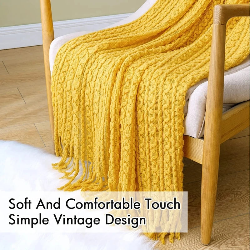 Cozy Yellow Boho Knitted Blanket | Soft Travel Nap Comfort