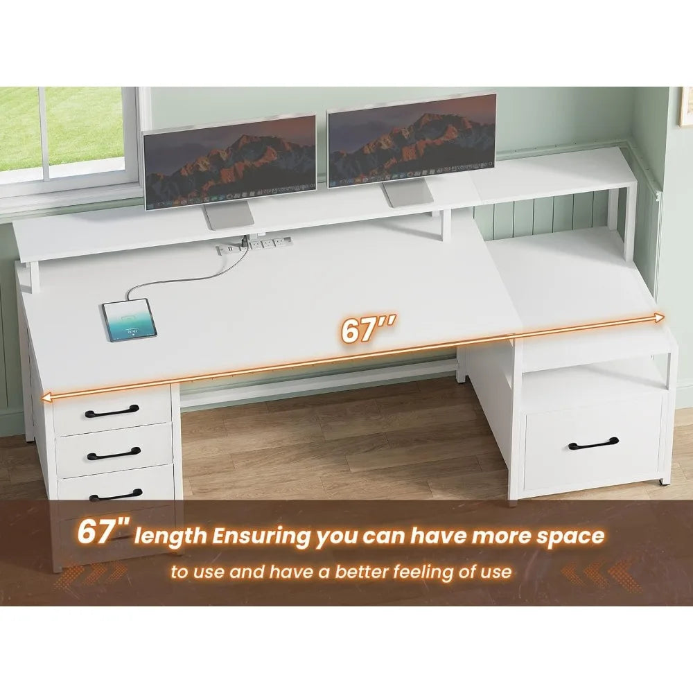 Stylish Computer Desk with 5 Drawers and Power Outlet | Home Office