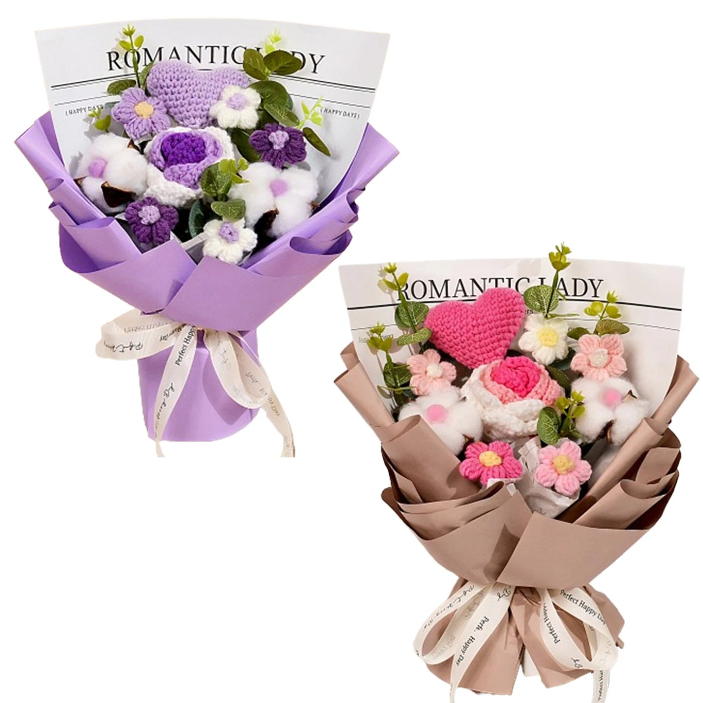 Ramo de Rosas de Ganchillo Hecho a Mano Rosa y Morado | Impresionante Regalo Floral