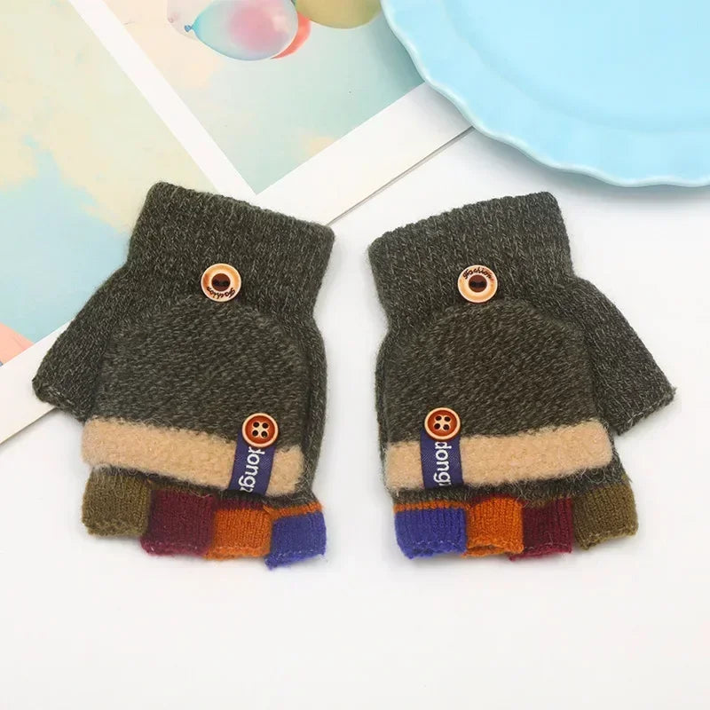 Kids Half Finger Flip Gloves | Warm Jacquard Design for Winter