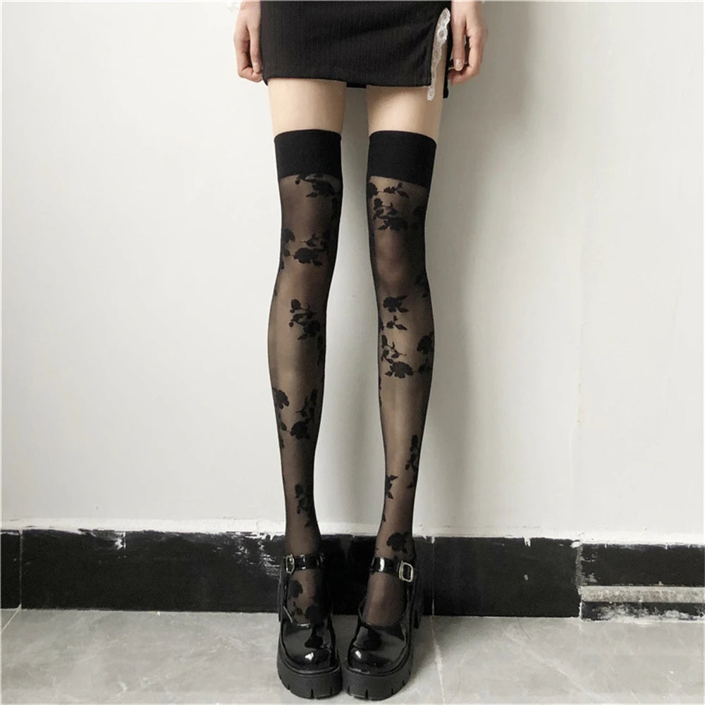 Elegant Black Rose Embroidery Long Socks | Women's Knee Highs