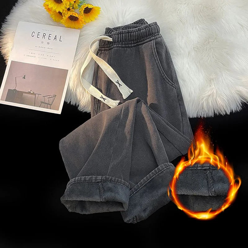 Thick Winter Men's Fleece Jeans | Warm Loose Plush Trousers