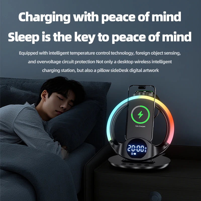 Cargador inalámbrico 6 en 1 con luz RGB y despertador | Carga rápida