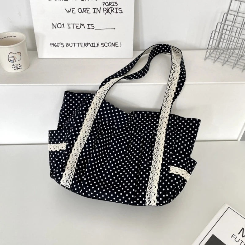 Bolso de mano de lona con lunares vintage | Espacioso y elegante