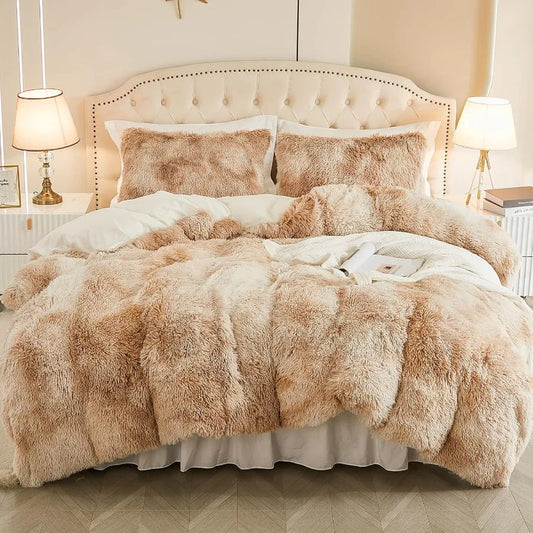 Twin Size Khaki Fuzzy Duvet Cover Set — Tie Dye Plush Shaggy 2-Piece Luxury Soft Bedding Comforter Cover with Pillow Sham