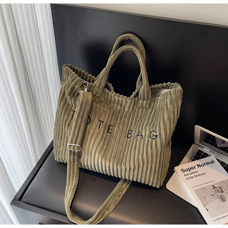 Bolso de mano de terciopelo a rayas de gran capacidad | Bolso tote elegante y versátil
