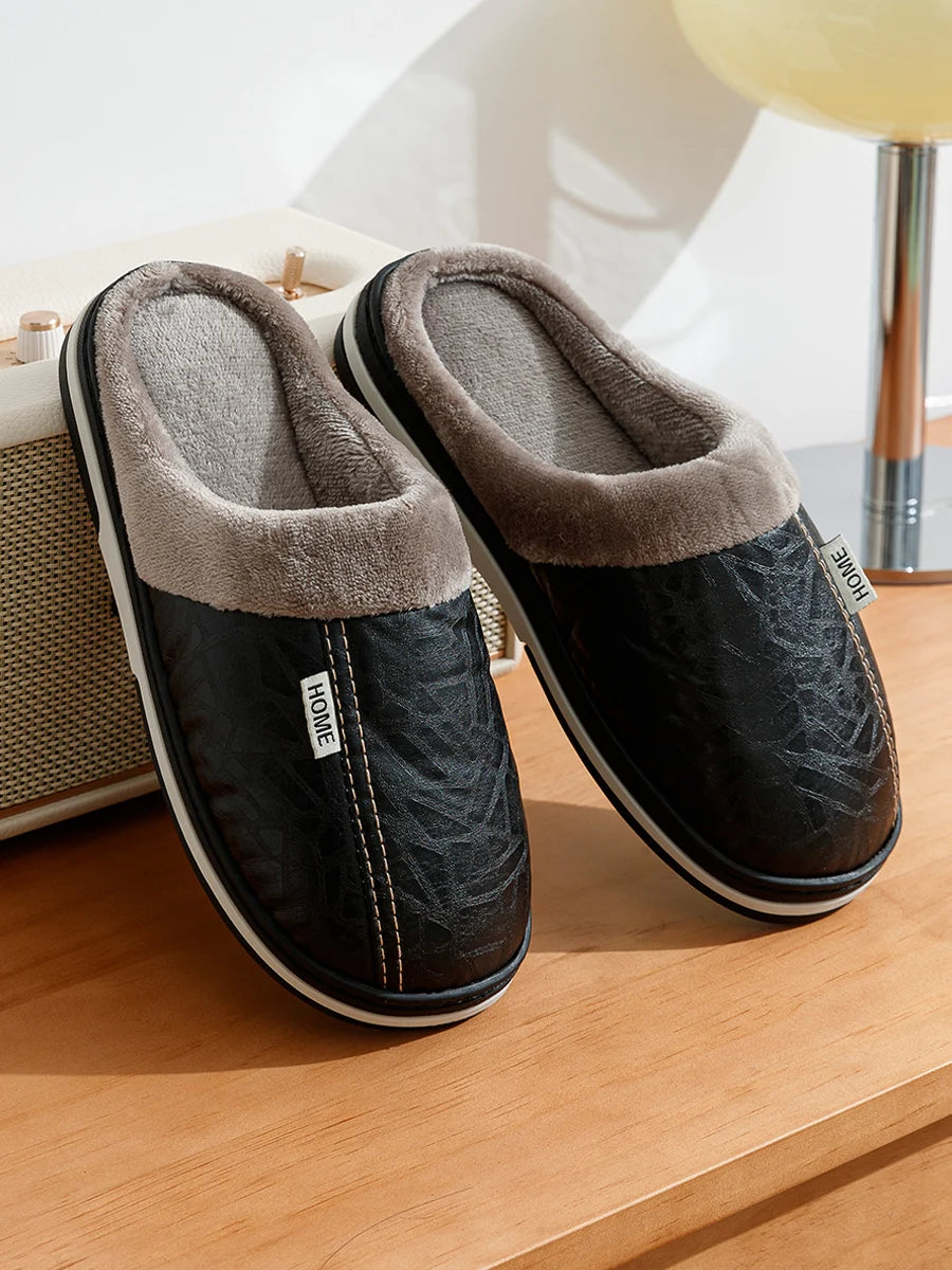 Men's Winter Waterproof PU Slippers | Warm & Comfortable Indoor Shoes