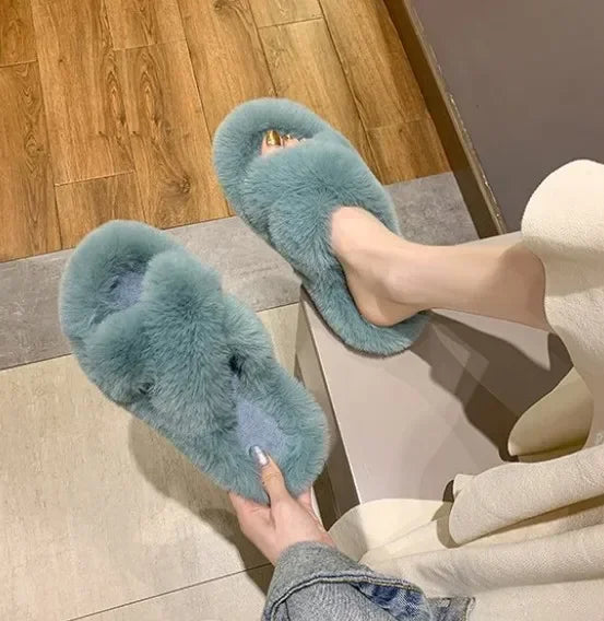Cozy Double Fur Cross-Strap Plush Slippers | Warm Indoor Footwear