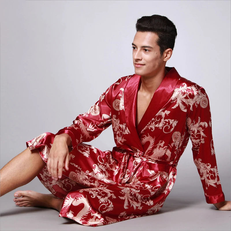 Traditional Japanese KIMONO Fashion YUKATA Oriental Gold Dragons Pattern Bathrobe Summer Men Ice Silk Robes Pajamas  Sleepwear