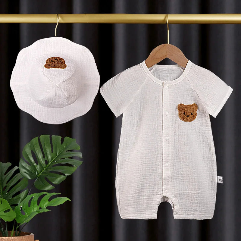 Cute Bear Muslin Baby Romper Hat Set | Ideal for Summer Comfort