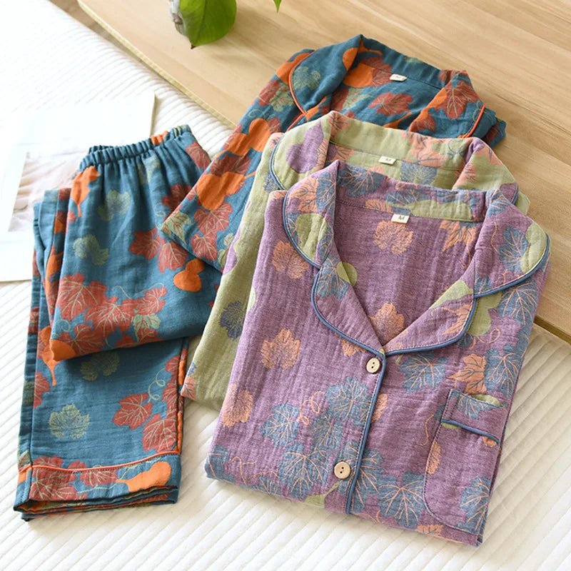 2026 Japanese Spring and Autumn New Women's Pajama Set 100% Cotton Vintage Long sleeved Pants Two Piece Set for Home Furnishings