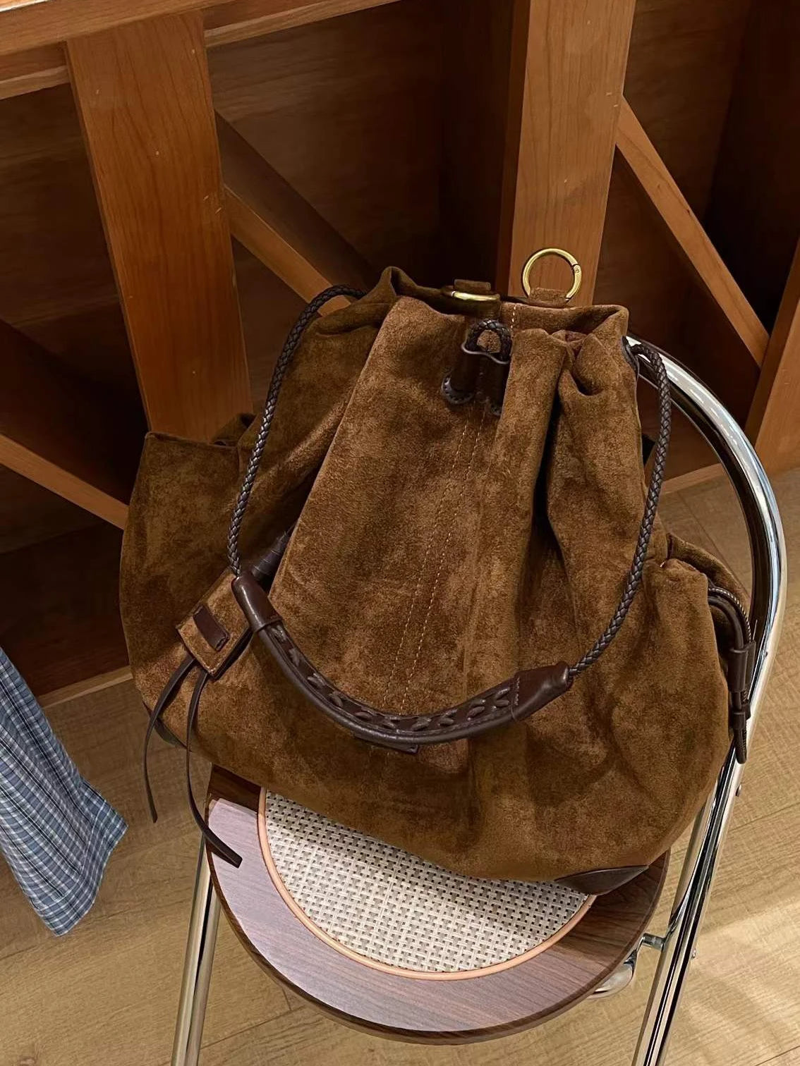 Trendy Retro Frosted Suede Bucket Backpack | Stylish Large Capacity Bag