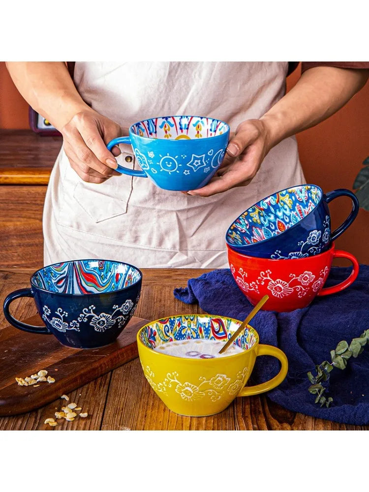Large-Capacity Bohemian Ceramic Breakfast Cup | Stylish Oatmeal Mug