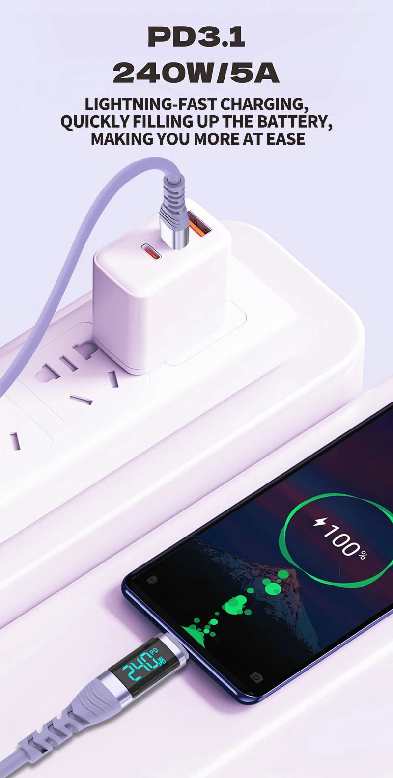 PD3.1 USB C Cable,240W LED Display Type C Fast Charging Cable with Data Transfer,for iPhone 17/16,Samsung Galaxy A17/S25,Huawei