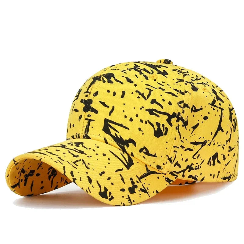 Yellow cap with black abstract pattern on a white background