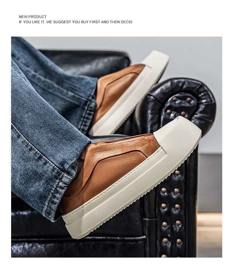Men's Retro Brown PU Leather Platform Loafers | Lightweight Casual Sneakers