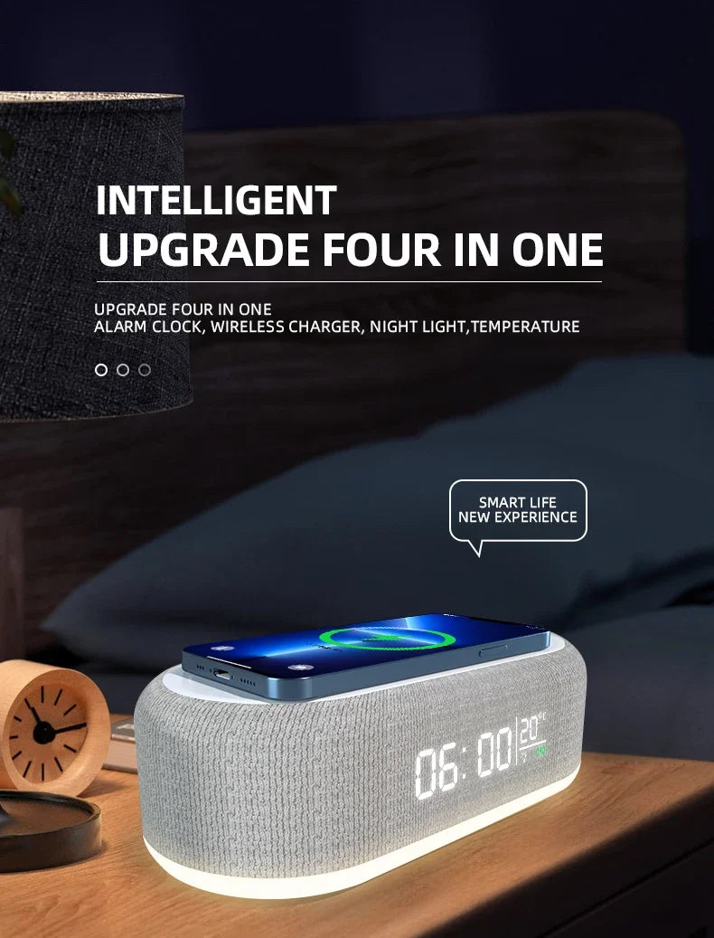 15W Wireless Charger Alarm Clock with LED Night Light — Multifunction Bedside Dock, Digital Thermometer & Time Display for iPhone 17 / 16 / 15 / 14 / 13 & Qi-Compatible Phones