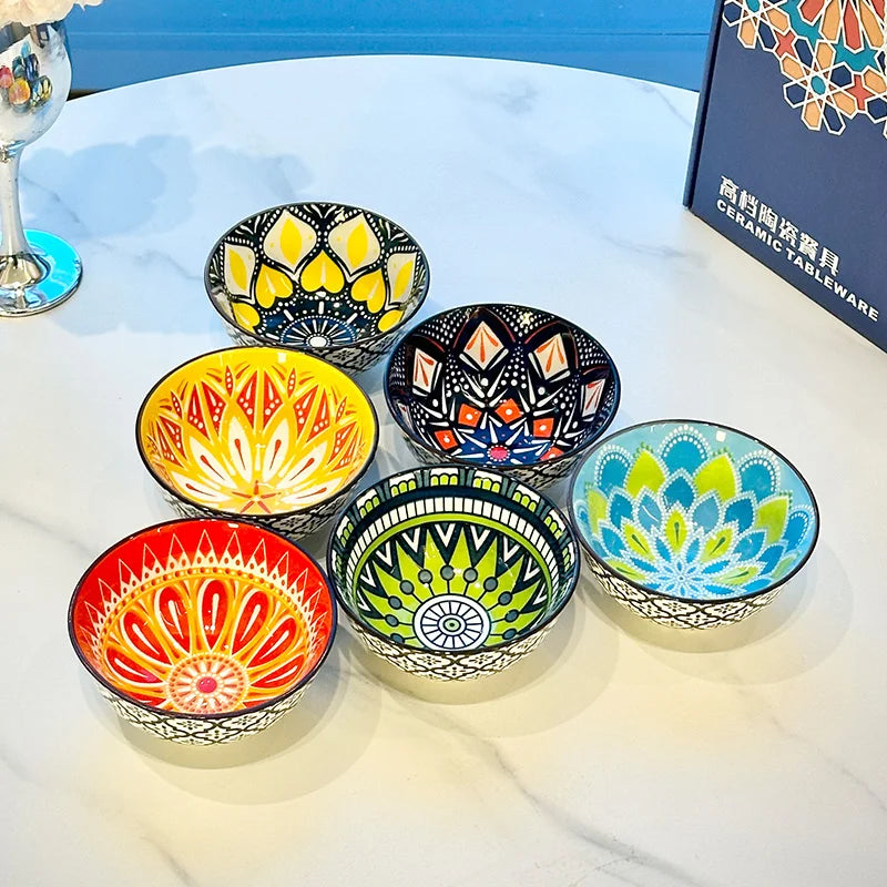 6-Piece Handmade Bohemian Ceramic Bowls Set | Microwave & Dishwasher Safe