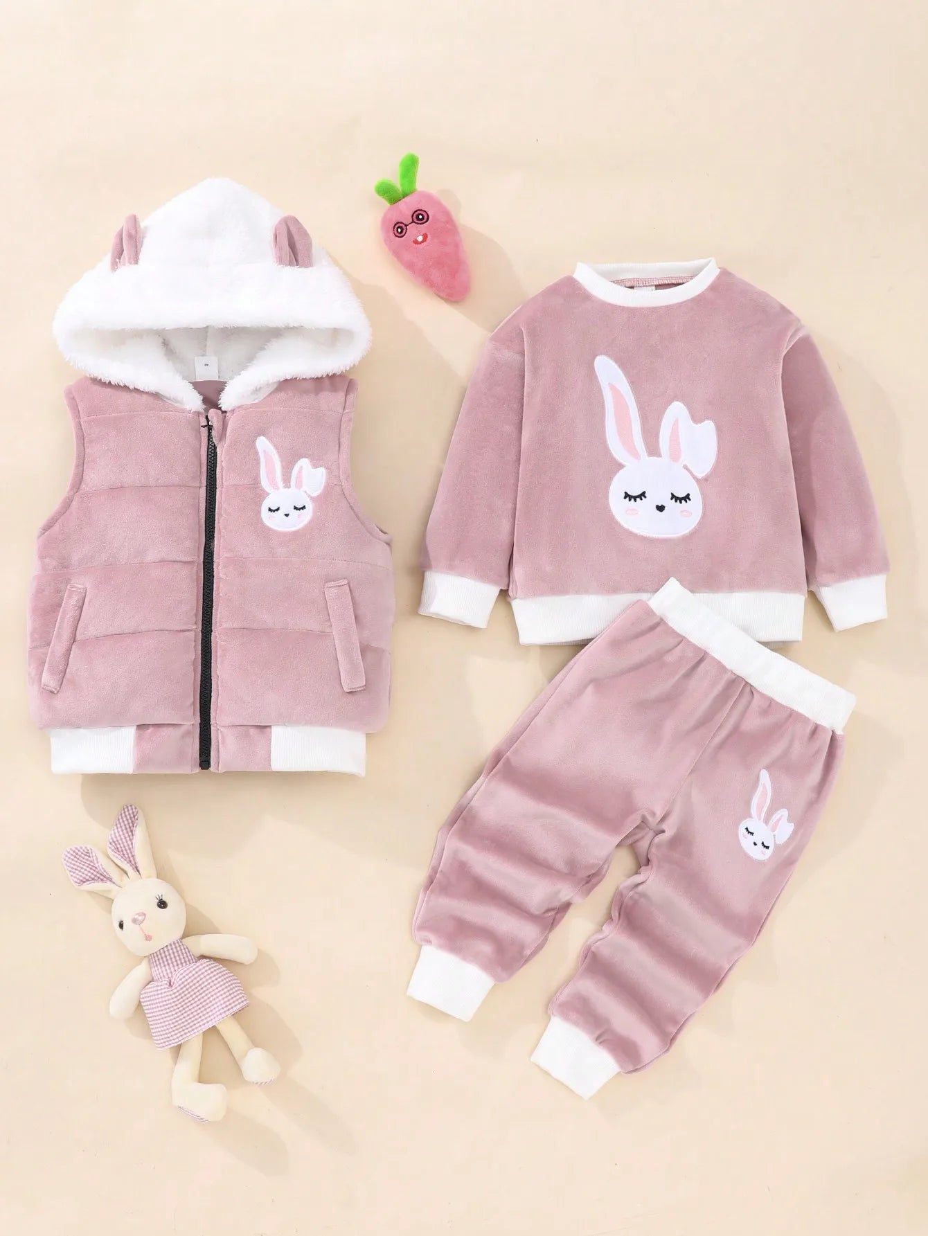 Bonito traje cálido bordado de conejo para bebé niña | Conjunto de 3 piezas