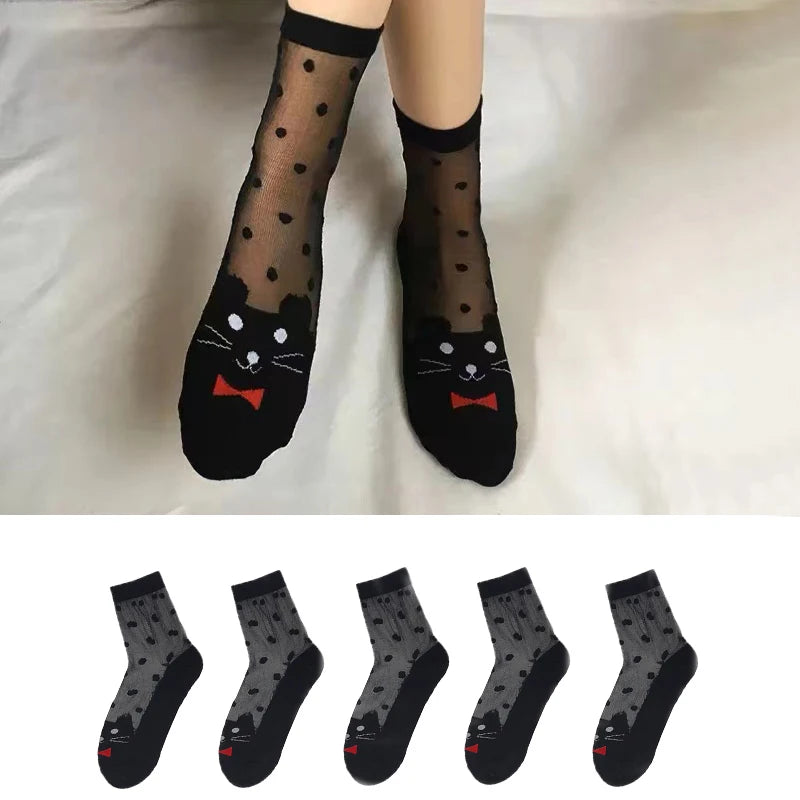 3 Pairs Women's Cat Lace Silk Socks | Thin Cartoon Design Socks