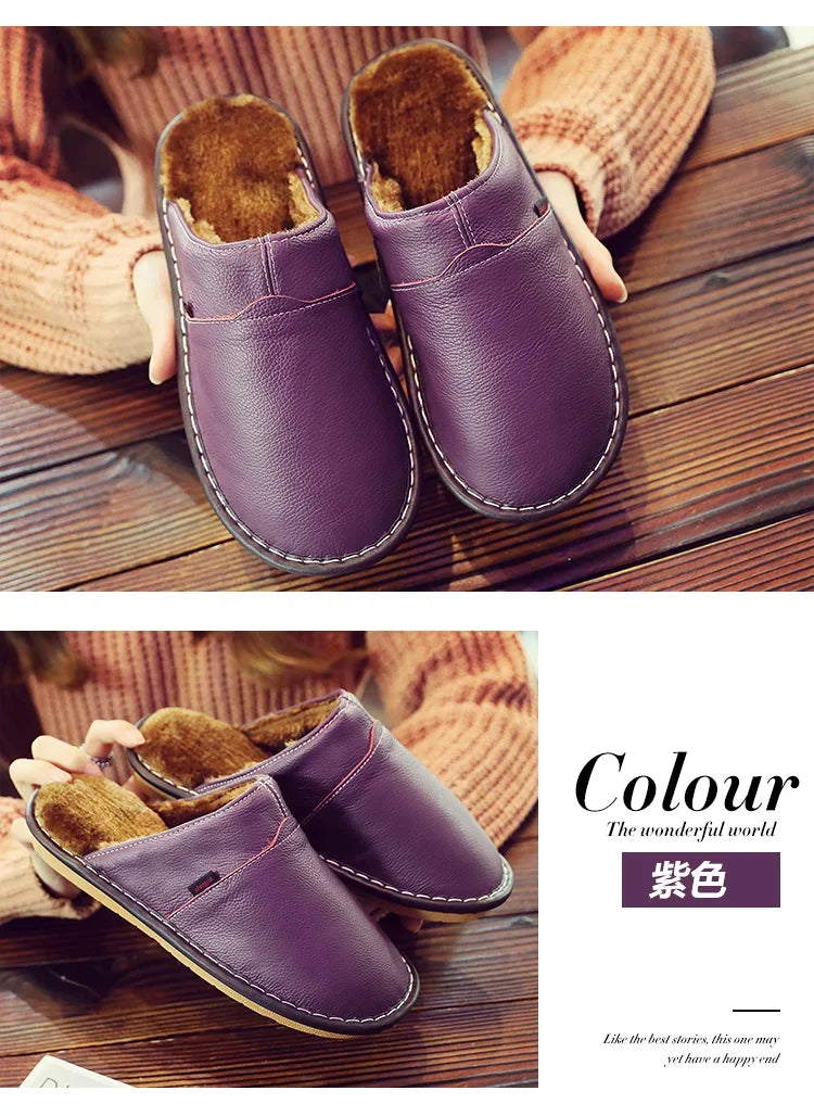 Couples Leather Plush Winter Slippers | Cozy Waterproof Shoes
