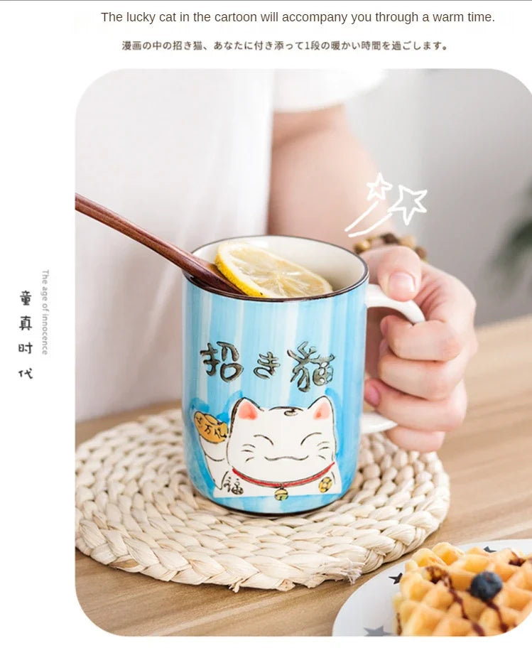 Taza de cerámica japonesa de gato de la suerte | Vajilla ecológica