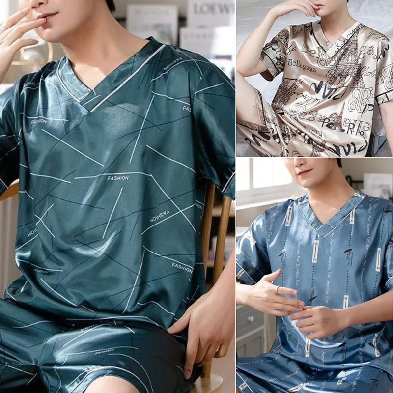 Men's Ice Silk Pajamas Set | Comfortable Short Sleeve Homewear
