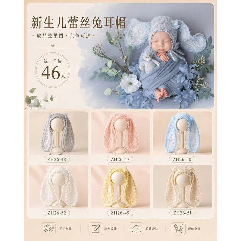 Newborn Photography Bunny Ear Hat Baby Crochet Rabbit Bonnet Soft Lace Knit Cap Infant Photo Props for Baby Boy Girl Photoshoot