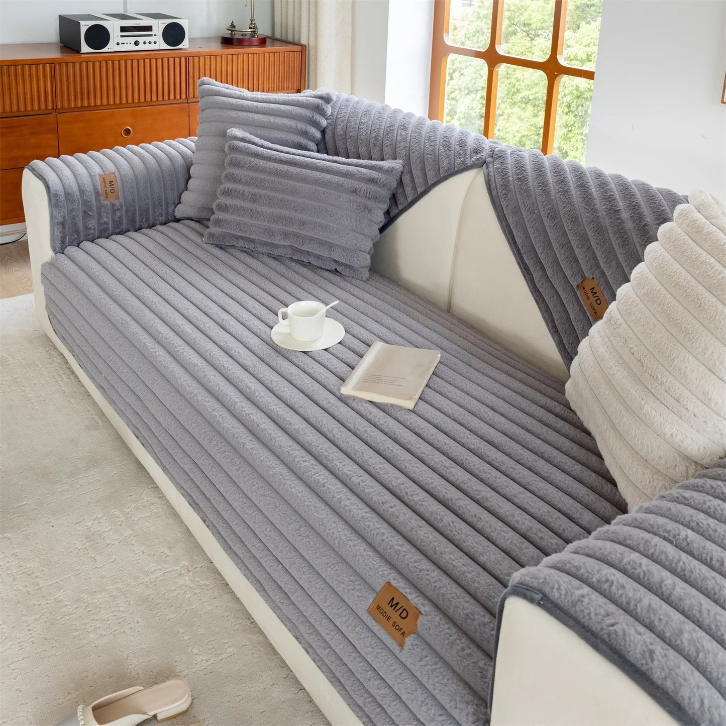Stripe Imitation Rabbit Fur Plush Sofa Cover | Non-Slip Couch Slipcover