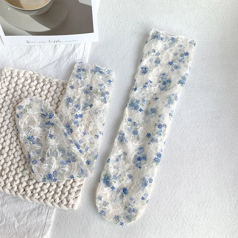 Stylish Korean Lace Flower Long Socks for Women | Breathable Comfort