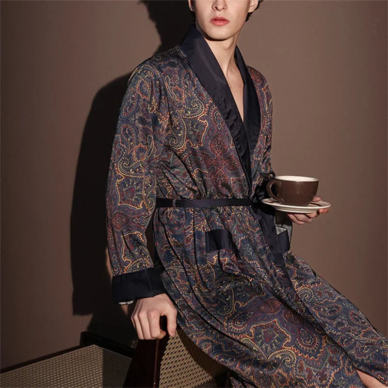 Spring Summer New Mens Robe Printed Bathrobe Kimono Gown Silky Satin Male Sleepwear Night Clothes Loose Casual Homewear Pajama