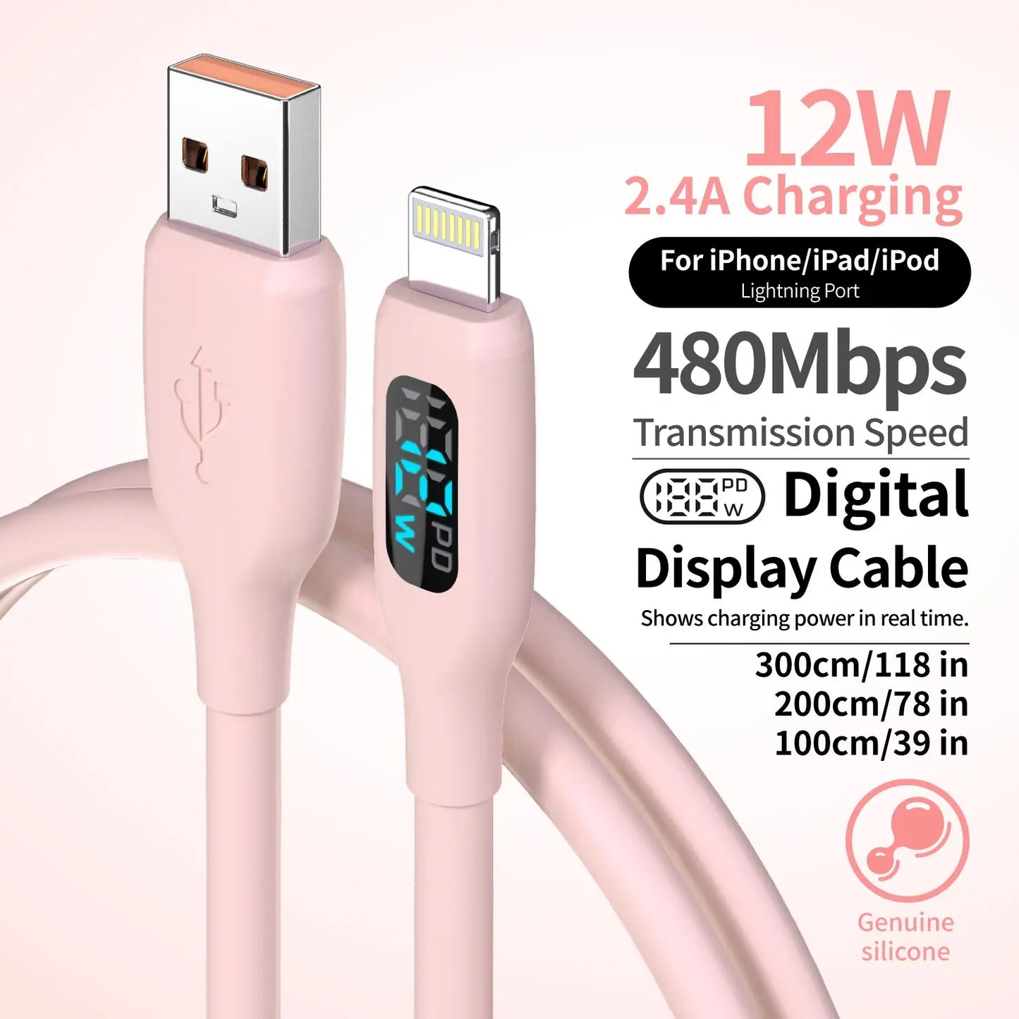 Soft Silicone USB A to Lightning Charging Cable | Macaron Pink