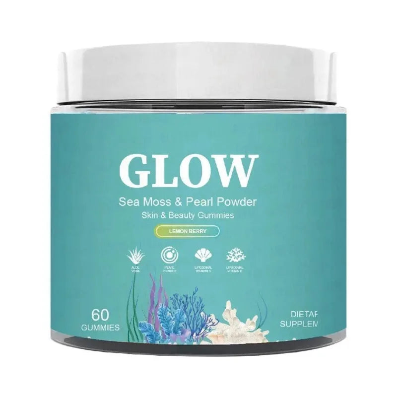 Sea Moss Glow Gummies with Vitamin C & E Moss & Pearl Powder Daily Nutritional Supplement Lemon Berry Flavor, 60 Gummies