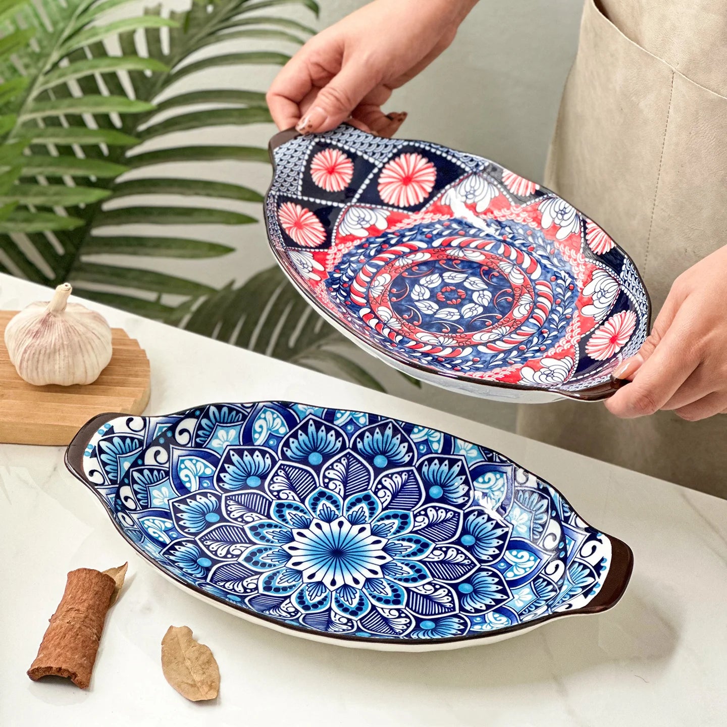 13-Inch Bohemian Double-Handle Ceramic Deep Plate for Seafood