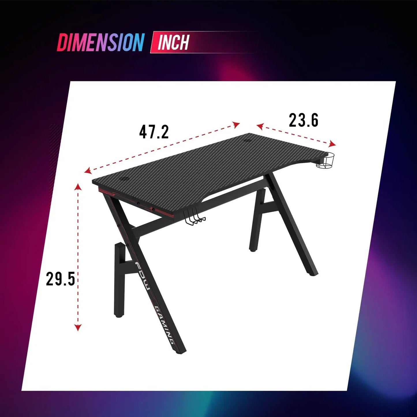 47-Inch Gaming Desk with Cup Holder & Adjustable Legs