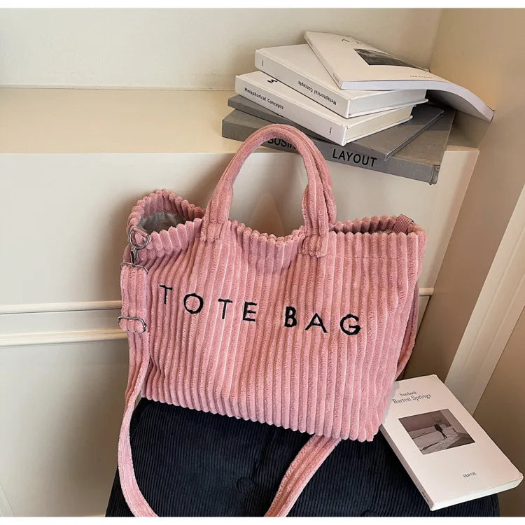 Bolso de mano de terciopelo a rayas de gran capacidad | Bolso tote elegante y versátil