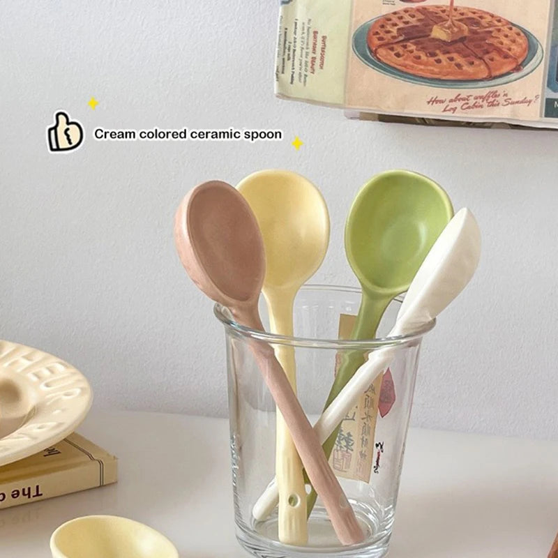Elegant Ceramic Soup Spoon Set | Long Handle Ladle for Dining