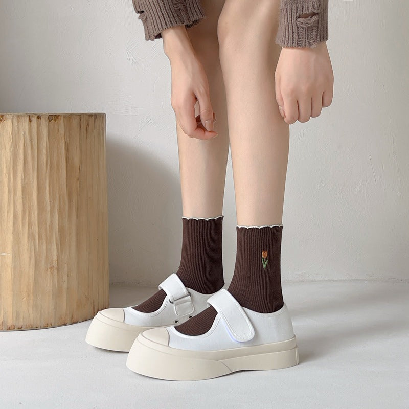 Women's Autumn Floral Embroidery Crew Socks | Cute Kawaii Style