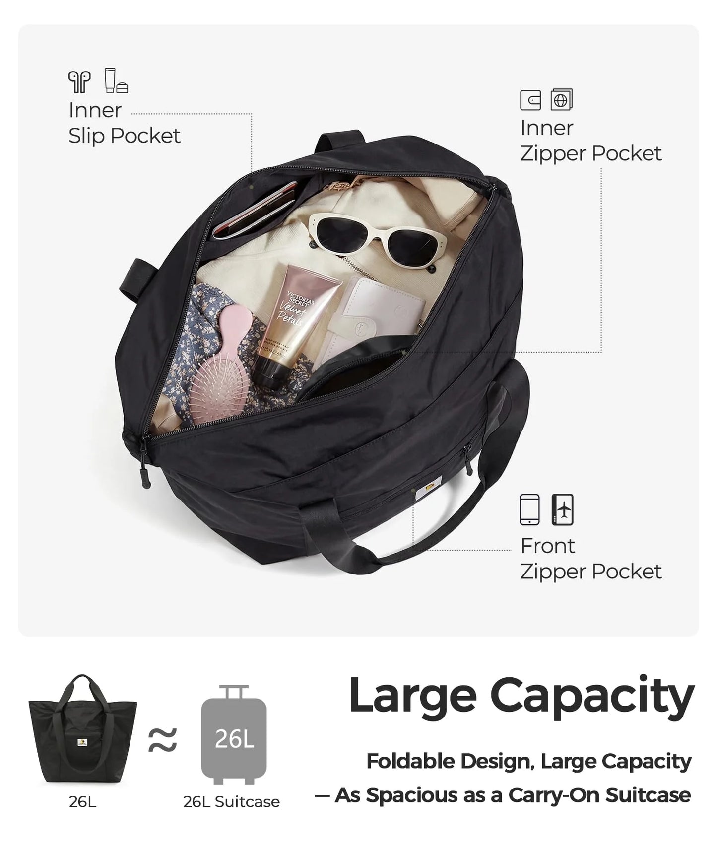 Foldable Travel Tote Bag | Large Waterproof Lightweight Weekender
