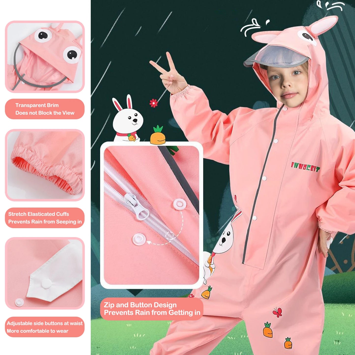 Cute Colorful Rabbit & Dinosaur Kids Raincoat | Waterproof One-Piece