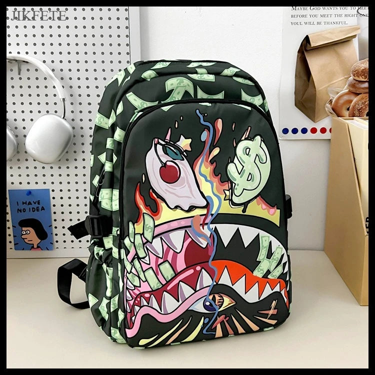 Stylish Shark Mouth Print Backpack | Versatile School & Travel Bag