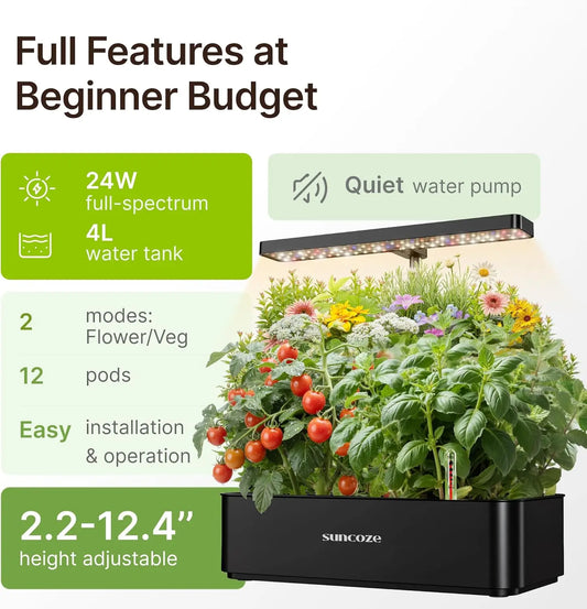 12-Pod Hydroponic Garden Kit with LED Grow Light for Indoor Herbs