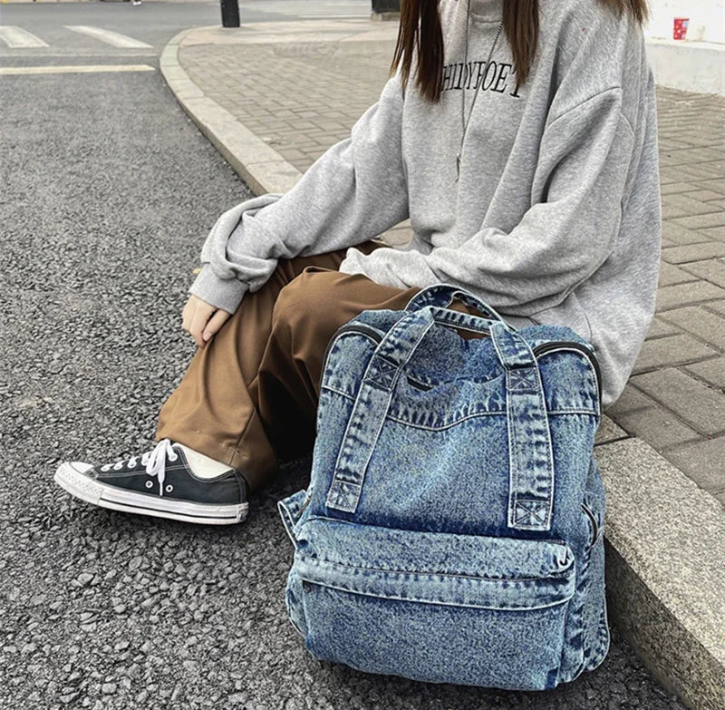 Casual Denim Backpack | Large Capacity Laptop Bag for School & Travel