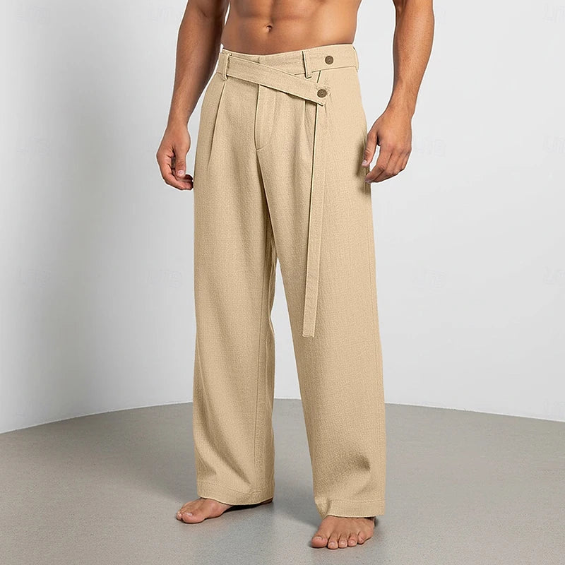 Pantalones casuales de lino para hombre | Elegantes pantalones sueltos de cintura alta