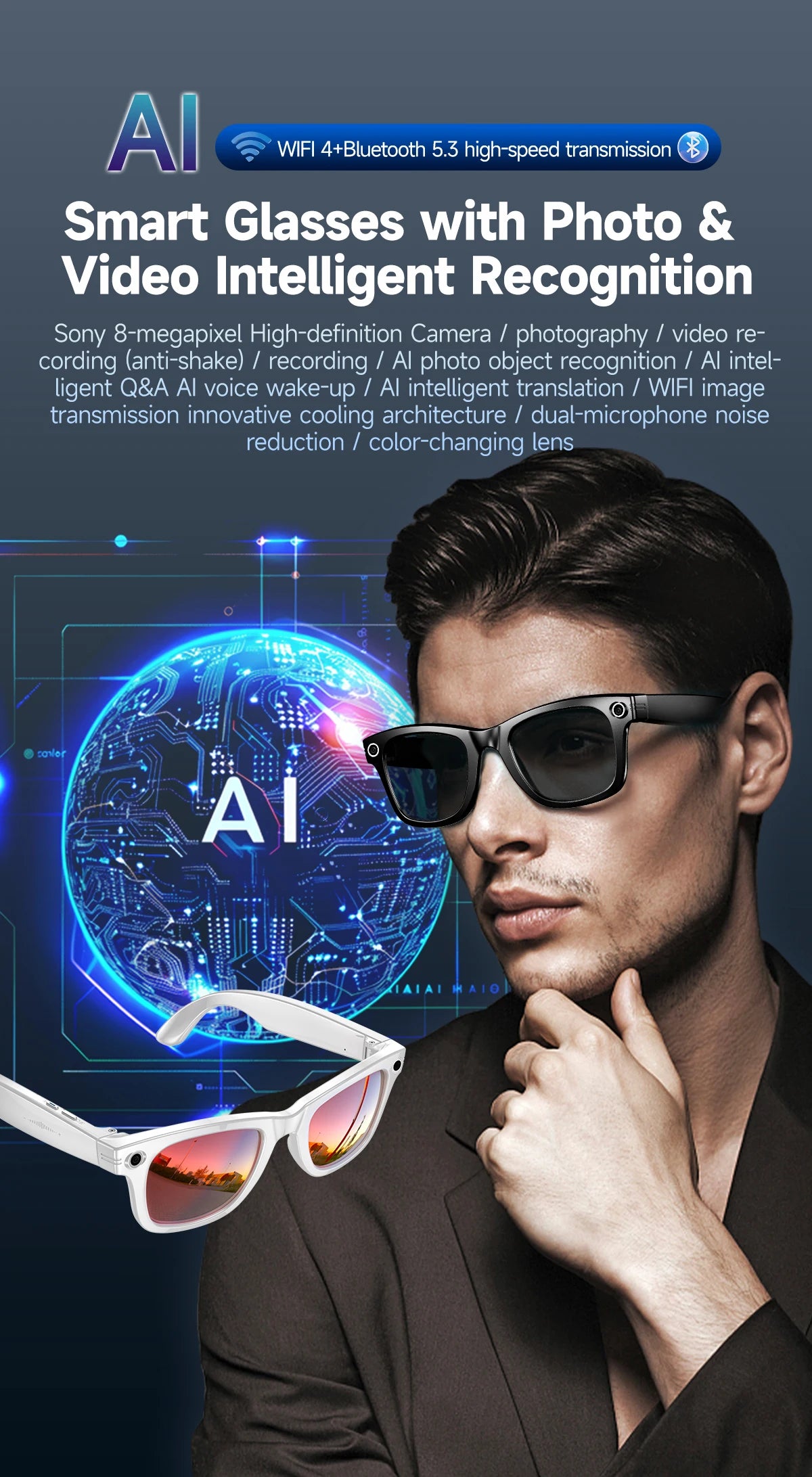 AI Smart Glasses with HD Camera & Translation Features